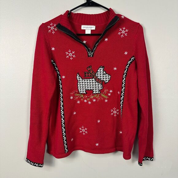 CJ Sweaters - Christopher & Banks 1/4 Zip Pullover Knit Sweater Red Scottie Christmas XS Women